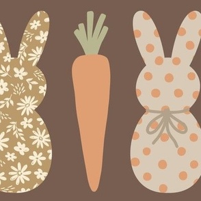 Country Bunnies: Gray Orange Green on Brown (Large Scale)