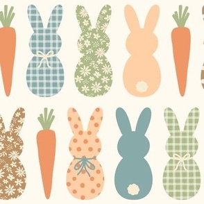 Country Bunnies: Blue Green Orange on Cream (Medium Scale)