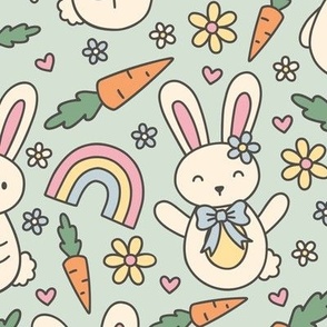 Cute Bunnies on Green (Large Scale)