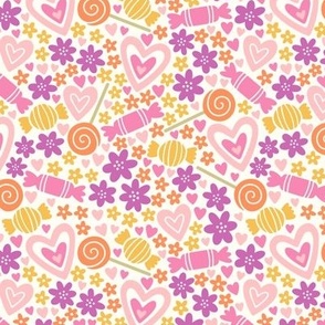 Candy, Hearts, and Flowers: Multicolor on Cream (Large Scale)