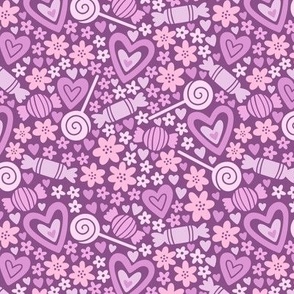 Candy, Hearts, and Flowers: Pink & Purple on Purple (Large Scale)