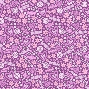 Candy, Hearts, and Flowers: Pink & Purple on Purple (Small Scale)