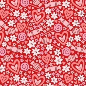 Candy, Hearts, and Flowers: Pink & Red on Red (Large Scale)