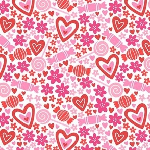Candy, Hearts, and Flowers: Pink & Red on White (Large Scale)