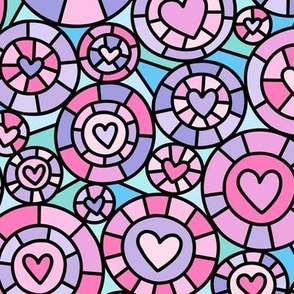 Stained Glass Hearts in Pink Purple Blue (Large Scale)