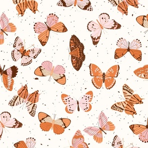 LARGE  butterflies fabric - boho cute pink orange and brown speckle butterflies