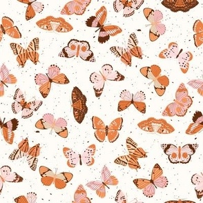 SMALL butterflies fabric - boho cute pink orange and brown speckle butterflies