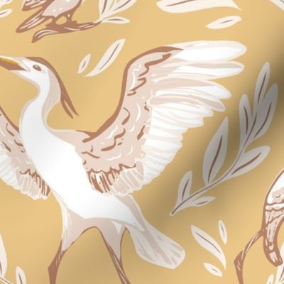 elegant white herons and cockatoos_ birds_ warm honey yellow and PEACH_medium scale