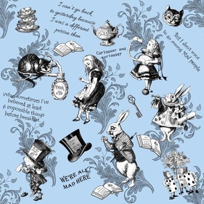 Alice in Wonderland Blue Mad Hatter and Quotes Fabric