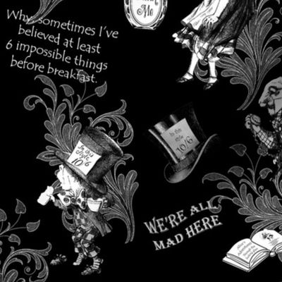 Alice in Wonderland Top Hats, Teapots and Quotes - White on Black