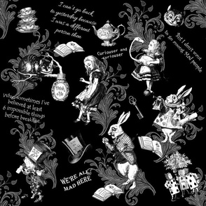 Alice in Wonderland Top Hats, Teapots and Quotes - White on Black