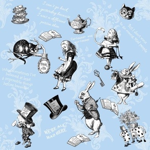 Blue Alice in Wonderland Top Hats, Teapots and Quotes with White Writing
