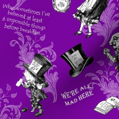 Purple Alice in Wonderland Top Hat, Teacups and Quotes with White Writing