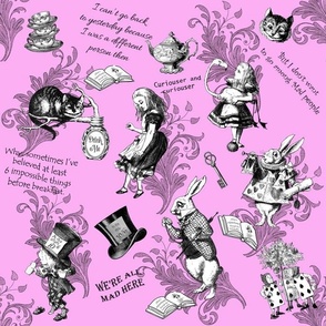 Pink Alice in Wonderland Fabric with Teacups, Teapots and Quotes
