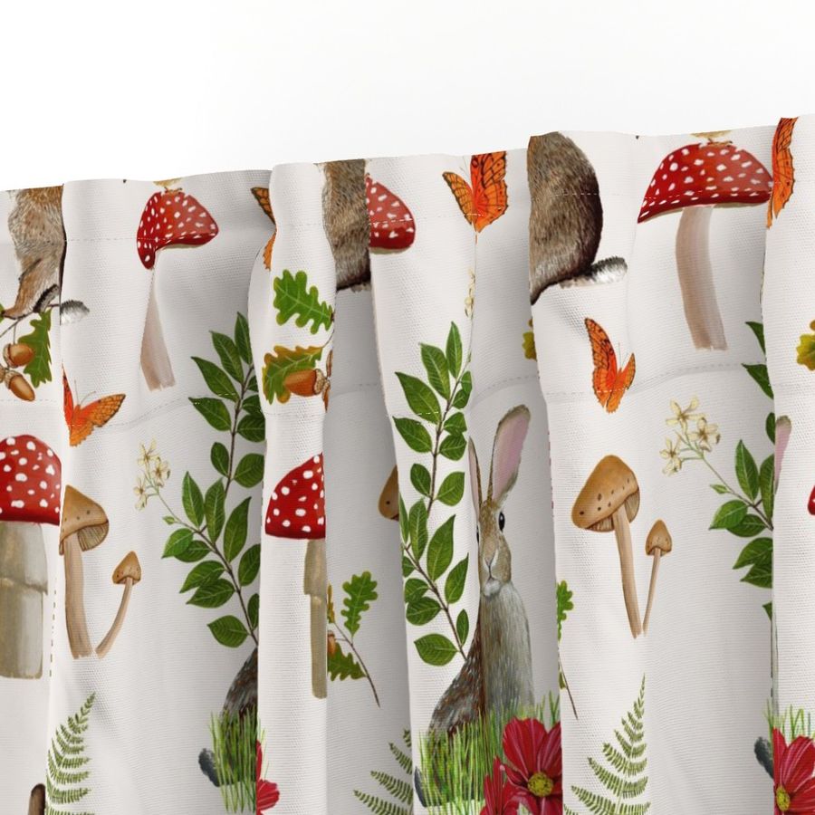 Woodland rabbits red toadstools mushrooms and robin bird white background