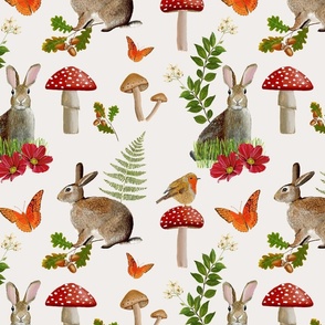 Rabbits and red toadstools, mushrooms, woodland decor, white background
