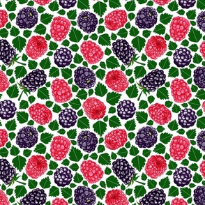 Seamless floral pattern-202. Forest berries,  raspberries and blackberries, green leaves.