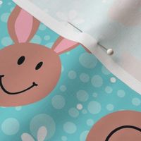 Large Scale Brown Easter Bunny Smile Faces on Pool Blue