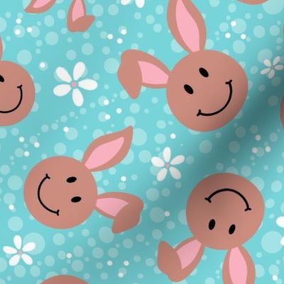 Large Scale Brown Easter Bunny Smile Faces on Pool Blue