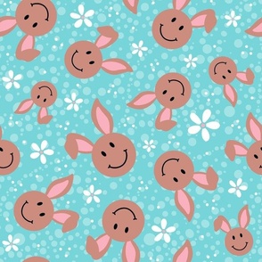 Large Scale Brown Easter Bunny Smile Faces on Pool Blue