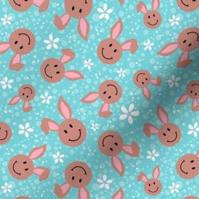 Medium Scale Brown Easter Bunny Smile Faces on Pool Blue