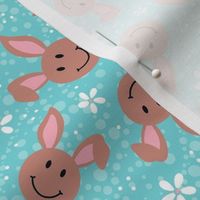 Medium Scale Brown Easter Bunny Smile Faces on Pool Blue