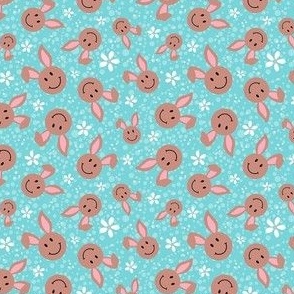 Small Scale Brown Easter Bunny Smile Faces on Pool Blue