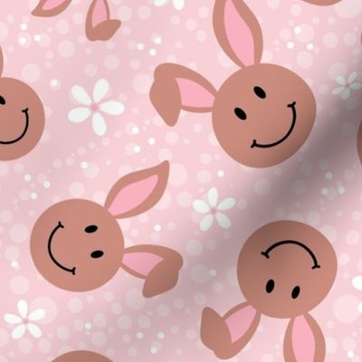 Large Scale Brown Easter Bunny Smile Faces on Pale Pink