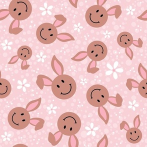 Large Scale Brown Easter Bunny Smile Faces on Pale Pink