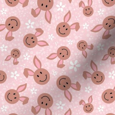 Medium Scale Brown Easter Bunny Smile Faces on Pale Pink