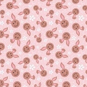 Small Scale Brown Easter Bunny Smile Faces on Pale Pink