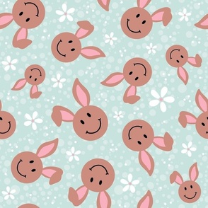 Large Scale Brown Easter Bunny Smile Faces on Soft Mint