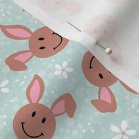 Medium Scale Brown Easter Bunny Smile Faces on Soft Mint