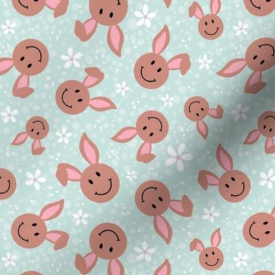 Medium Scale Brown Easter Bunny Smile Faces on Soft Mint