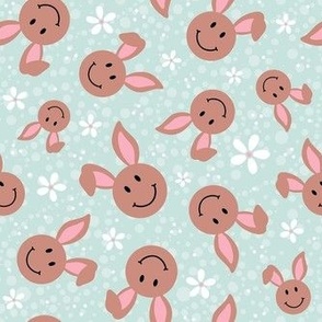 Medium Scale Brown Easter Bunny Smile Faces on Soft Mint