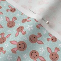 Small Scale Brown Easter Bunny Smile Faces on Soft Mint