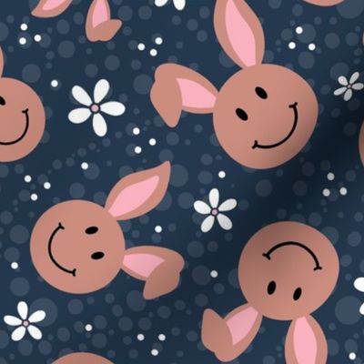 Large Scale Brown Easter Bunny Smile Faces on Navy