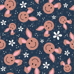 Large Scale Brown Easter Bunny Smile Faces on Navy