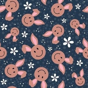 Medium Scale Brown Easter Bunny Smile Faces on Navy