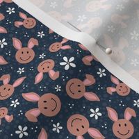 Small Scale Brown Easter Bunny Smile Faces on Navy
