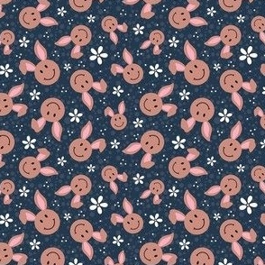 Small Scale Brown Easter Bunny Smile Faces on Navy