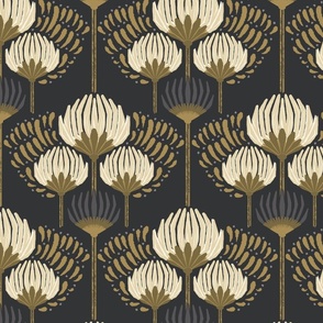 1920 Blossom Floral Wallpaper - Black, Cream, Gold, Gray - Large