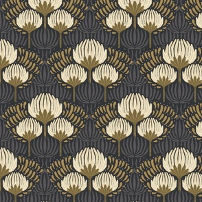 1920s Luxury Deco Floral  - Black, Cream, Gold, Gray - Medium