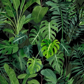 Lush Green Jungle Palm And Monstera Leaf Watercolor Pattern Smaller Scale
