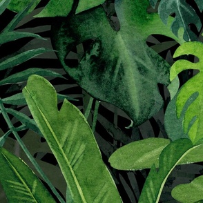 Lush Green Jungle Palm And Monstera Leaf Watercolor Pattern