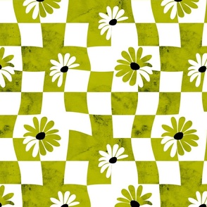 Retro Whimsy Daisy Check- Flower Power Wavy Checks- Green Olive Watercolor Floral Groovy Gingham- Regular Scale