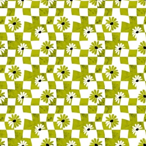 Retro Whimsy Daisy Check- Flower Power Wavy Checks- Green Olive Watercolor Floral Groovy Gingham- Small Scale