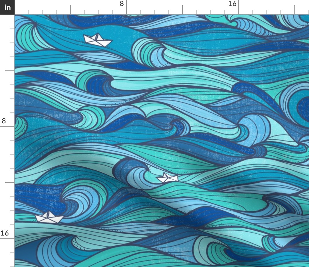 Rolling waves and paper boat - aqua and blue