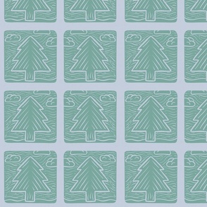 Blue and Green Block Stamp Evergreen Tree