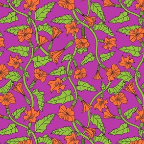 Poisonous Angels Trumpet Floral Pattern in Bright Vivid Neon Purple, Green, Orange